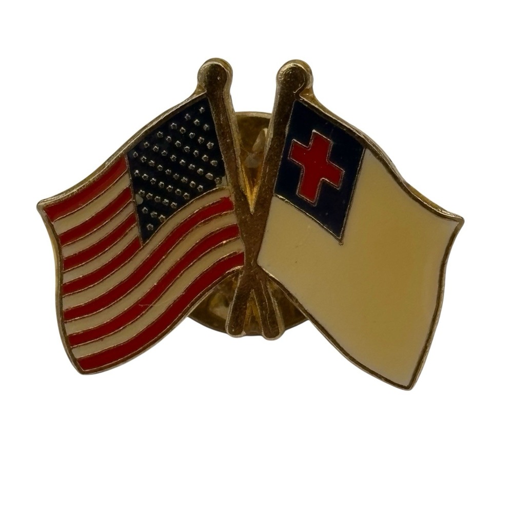 Vintage American And Christian Flag‎ Friendship Gold Tone Pin Lapel Patriotic